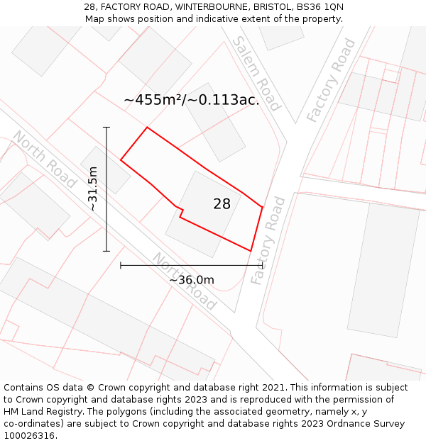 28, FACTORY ROAD, WINTERBOURNE, BRISTOL, BS36 1QN: Plot and title map