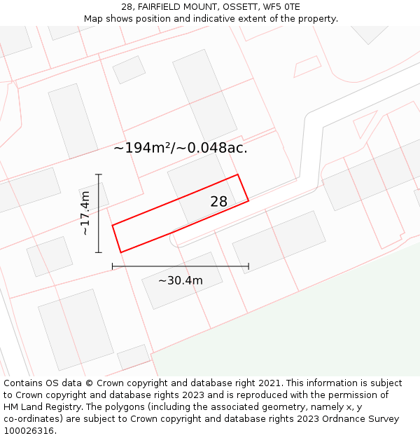 28, FAIRFIELD MOUNT, OSSETT, WF5 0TE: Plot and title map