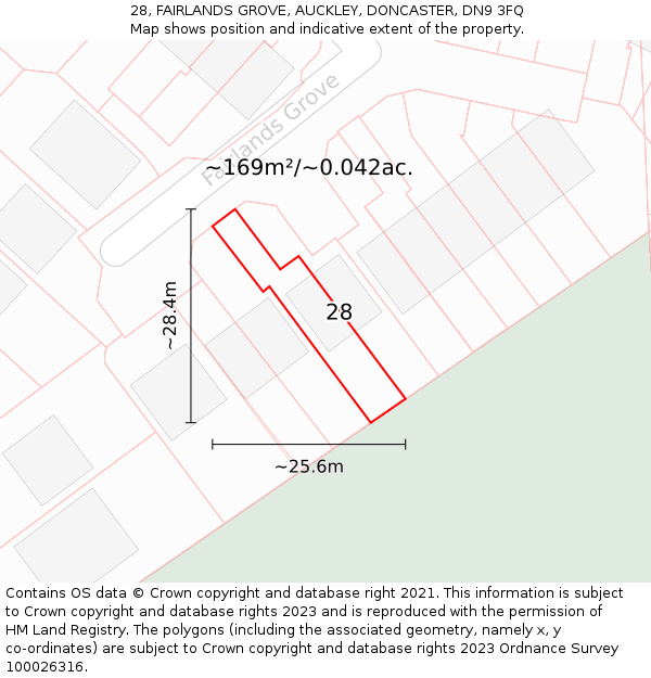 28, FAIRLANDS GROVE, AUCKLEY, DONCASTER, DN9 3FQ: Plot and title map