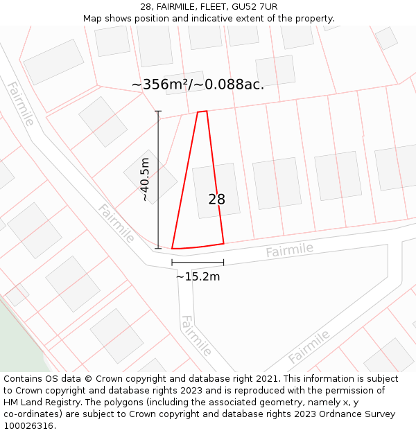 28, FAIRMILE, FLEET, GU52 7UR: Plot and title map
