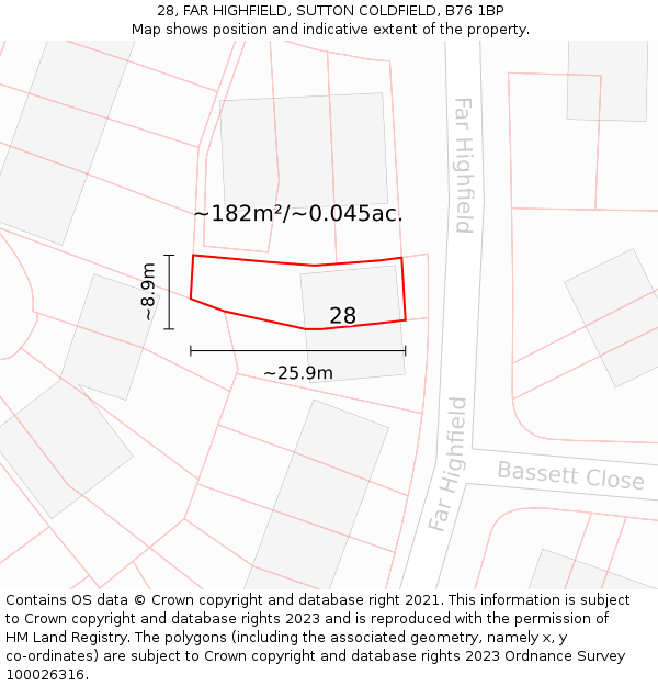 28, FAR HIGHFIELD, SUTTON COLDFIELD, B76 1BP: Plot and title map
