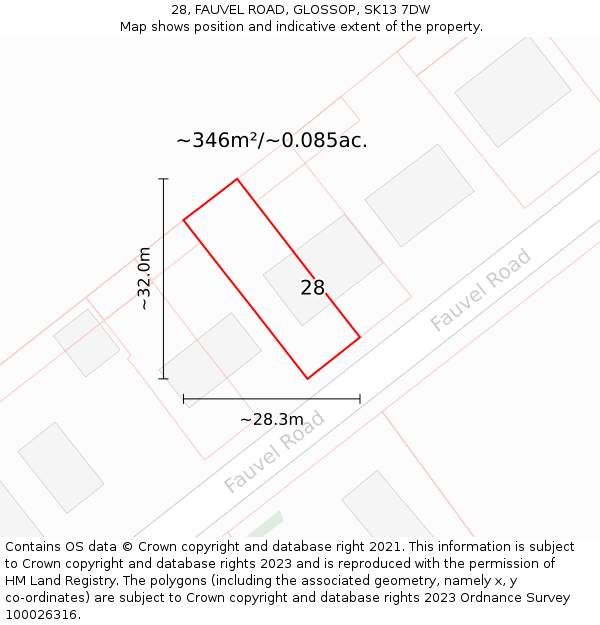 28, FAUVEL ROAD, GLOSSOP, SK13 7DW: Plot and title map