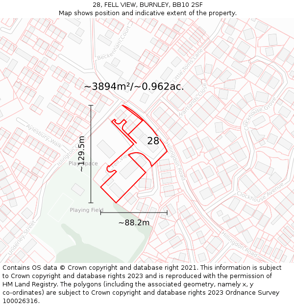 28, FELL VIEW, BURNLEY, BB10 2SF: Plot and title map