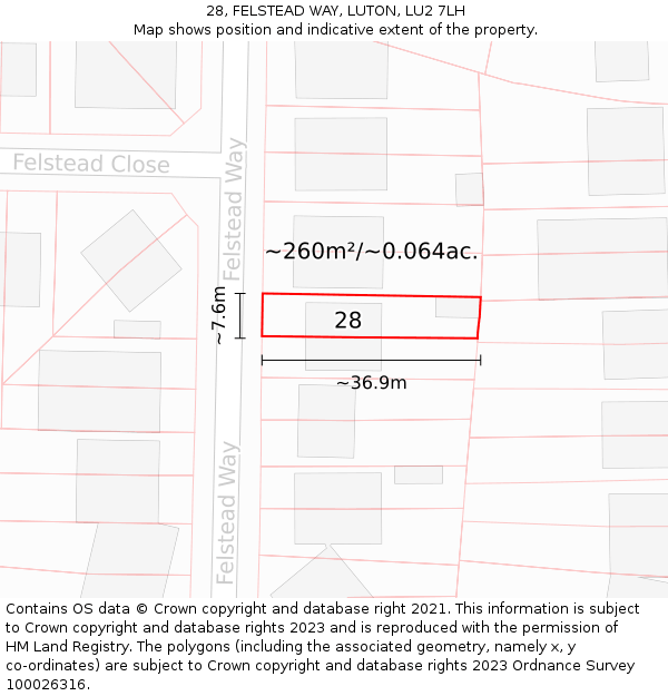 28, FELSTEAD WAY, LUTON, LU2 7LH: Plot and title map