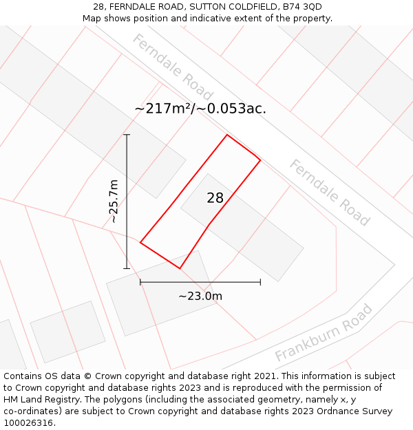28, FERNDALE ROAD, SUTTON COLDFIELD, B74 3QD: Plot and title map