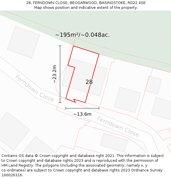 28, FERNDOWN CLOSE, BEGGARWOOD, BASINGSTOKE, RG22 4SE: Plot and title map