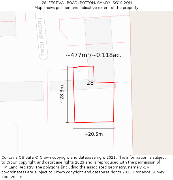 28, FESTIVAL ROAD, POTTON, SANDY, SG19 2QN: Plot and title map