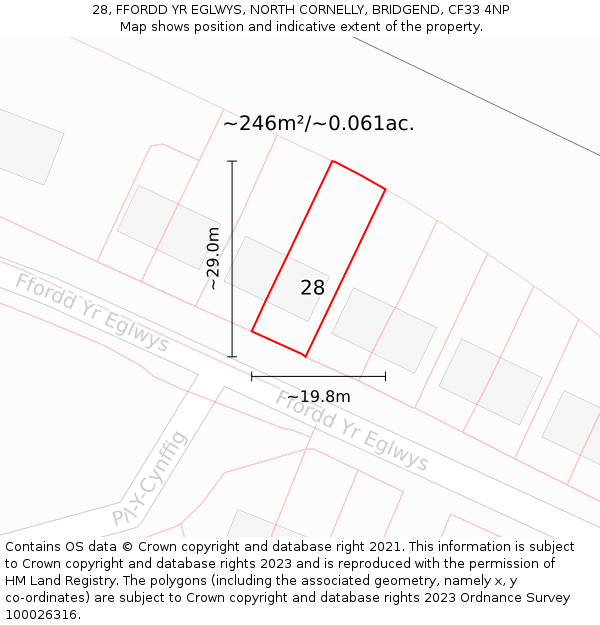 28, FFORDD YR EGLWYS, NORTH CORNELLY, BRIDGEND, CF33 4NP: Plot and title map