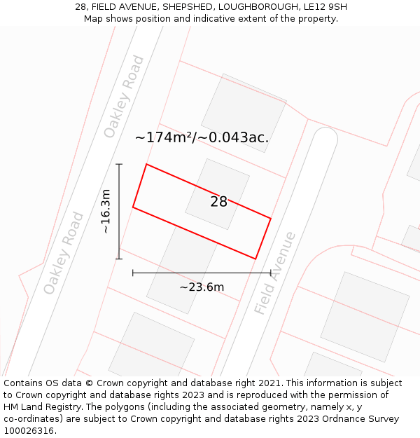 28, FIELD AVENUE, SHEPSHED, LOUGHBOROUGH, LE12 9SH: Plot and title map