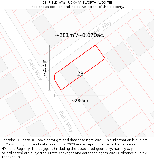 28, FIELD WAY, RICKMANSWORTH, WD3 7EJ: Plot and title map