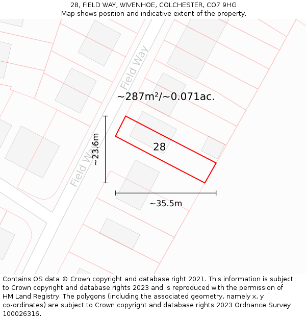 28, FIELD WAY, WIVENHOE, COLCHESTER, CO7 9HG: Plot and title map