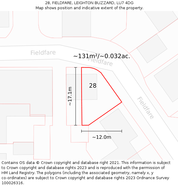 28, FIELDFARE, LEIGHTON BUZZARD, LU7 4DG: Plot and title map