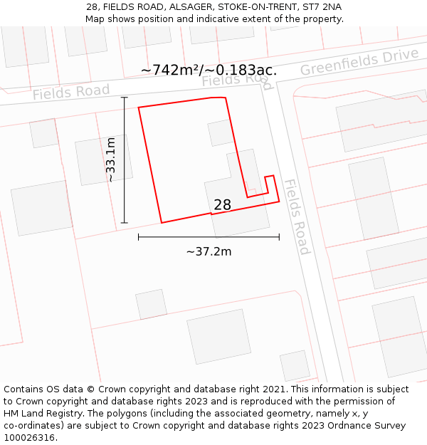 28, FIELDS ROAD, ALSAGER, STOKE-ON-TRENT, ST7 2NA: Plot and title map