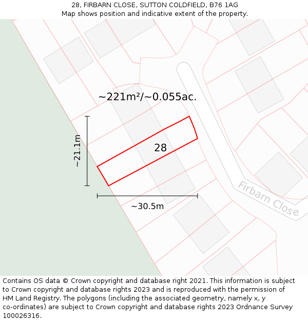 28, FIRBARN CLOSE, SUTTON COLDFIELD, B76 1AG: Plot and title map