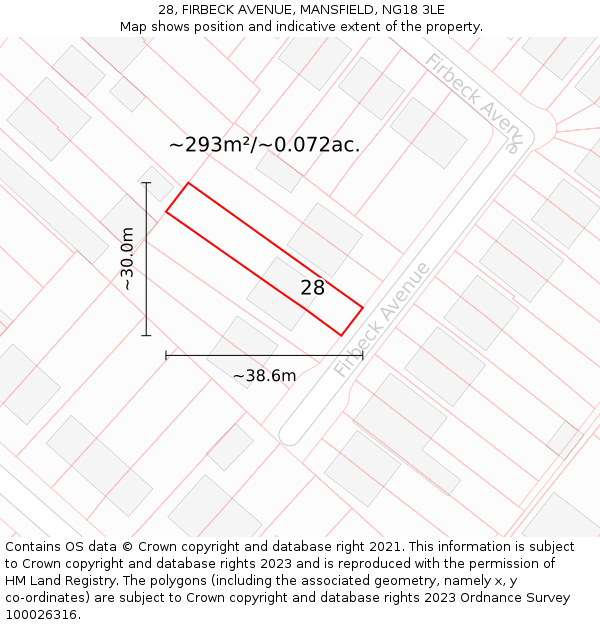 28, FIRBECK AVENUE, MANSFIELD, NG18 3LE: Plot and title map