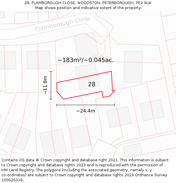 28, FLAMBOROUGH CLOSE, WOODSTON, PETERBOROUGH, PE2 9LW: Plot and title map