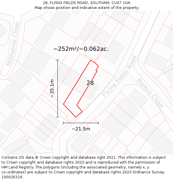 28, FLYING FIELDS ROAD, SOUTHAM, CV47 1GA: Plot and title map