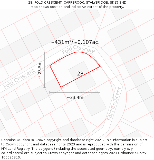 28, FOLD CRESCENT, CARRBROOK, STALYBRIDGE, SK15 3ND: Plot and title map