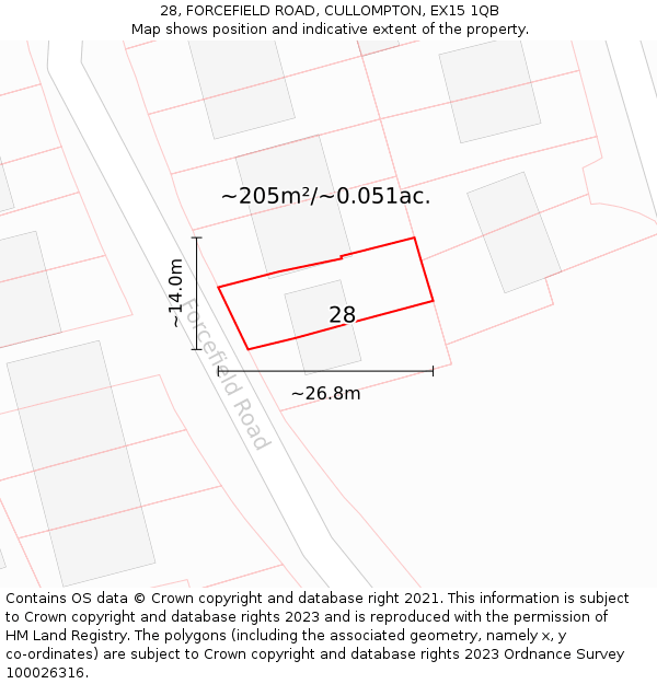 28, FORCEFIELD ROAD, CULLOMPTON, EX15 1QB: Plot and title map