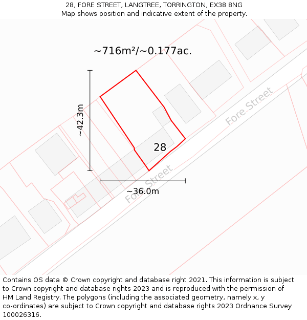 28, FORE STREET, LANGTREE, TORRINGTON, EX38 8NG: Plot and title map