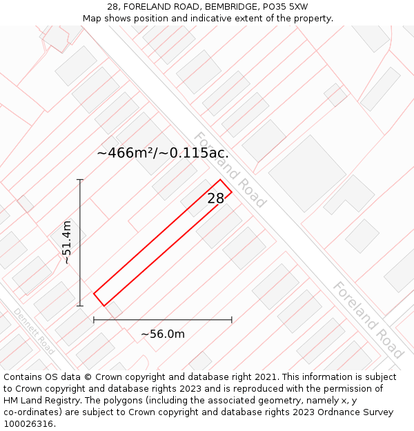 28, FORELAND ROAD, BEMBRIDGE, PO35 5XW: Plot and title map