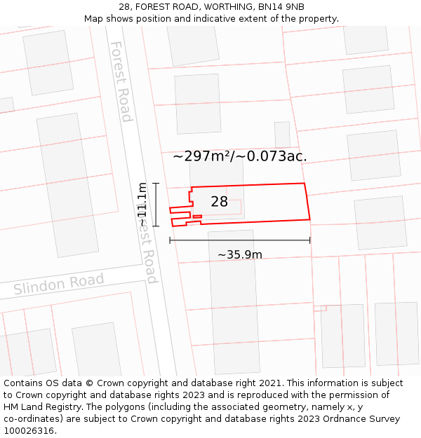 28, FOREST ROAD, WORTHING, BN14 9NB: Plot and title map