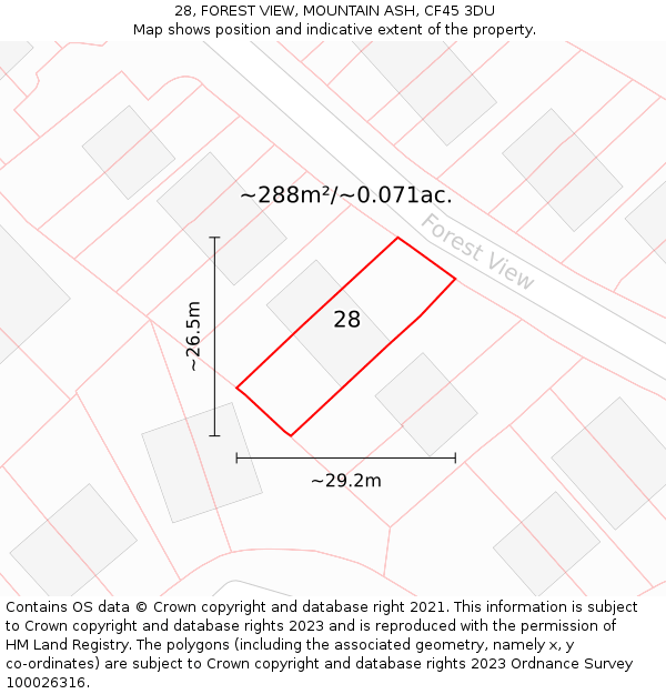 28, FOREST VIEW, MOUNTAIN ASH, CF45 3DU: Plot and title map