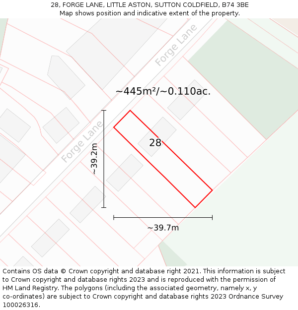 28, FORGE LANE, LITTLE ASTON, SUTTON COLDFIELD, B74 3BE: Plot and title map
