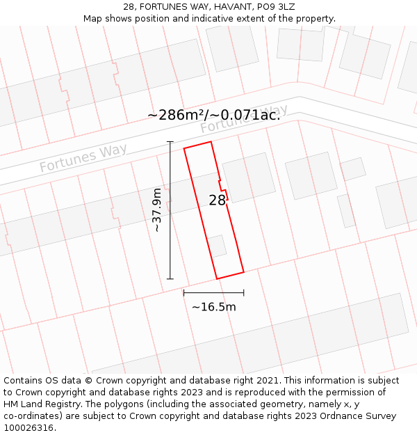 28, FORTUNES WAY, HAVANT, PO9 3LZ: Plot and title map