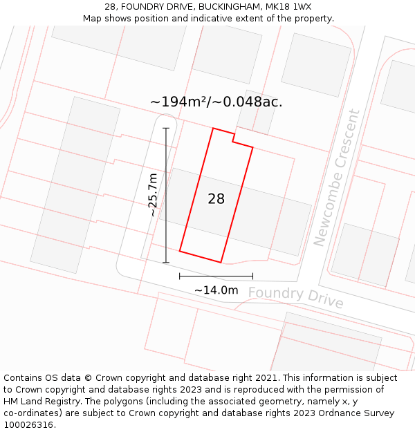 28, FOUNDRY DRIVE, BUCKINGHAM, MK18 1WX: Plot and title map