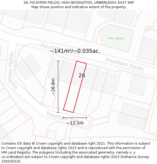 28, FOUNTAIN FIELDS, HIGH BICKINGTON, UMBERLEIGH, EX37 9AP: Plot and title map