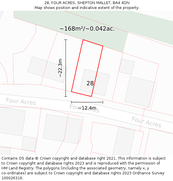 28, FOUR ACRES, SHEPTON MALLET, BA4 4DN: Plot and title map