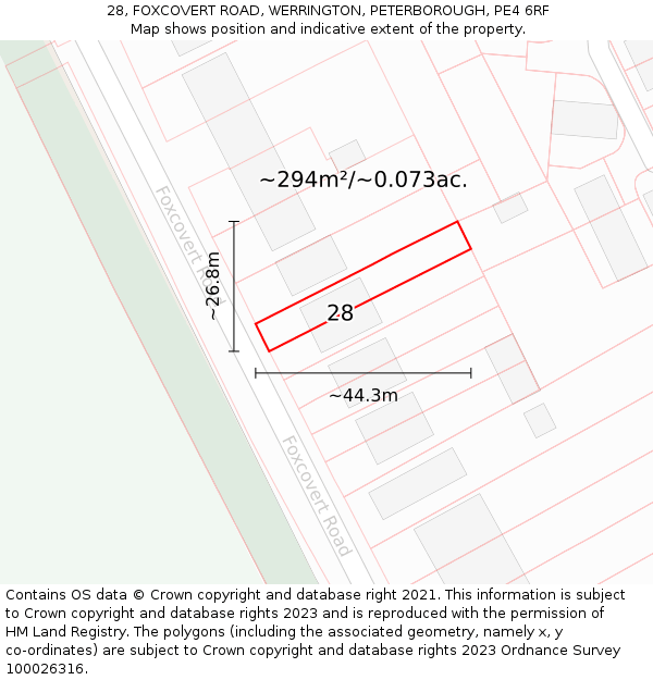 28, FOXCOVERT ROAD, WERRINGTON, PETERBOROUGH, PE4 6RF: Plot and title map