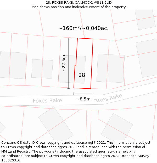 28, FOXES RAKE, CANNOCK, WS11 5UD: Plot and title map