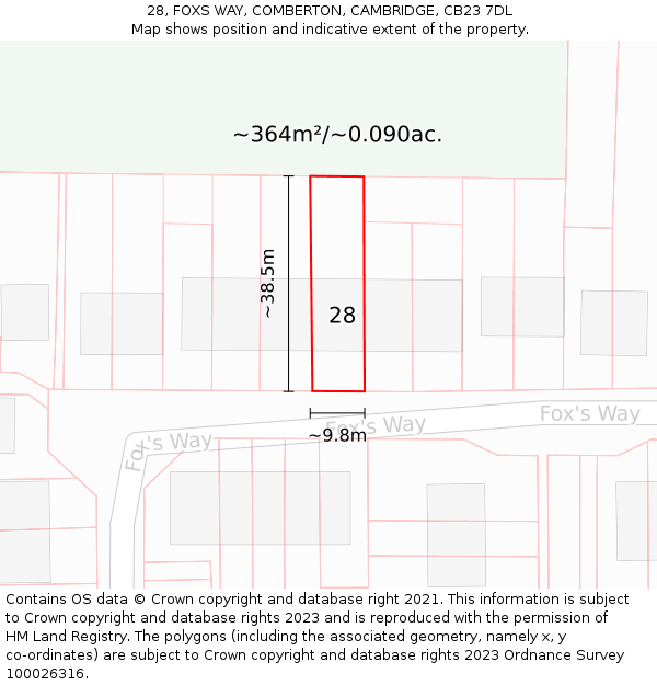28, FOXS WAY, COMBERTON, CAMBRIDGE, CB23 7DL: Plot and title map