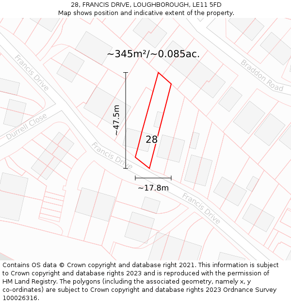 28, FRANCIS DRIVE, LOUGHBOROUGH, LE11 5FD: Plot and title map