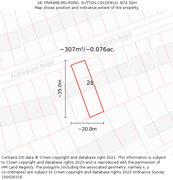 28, FRANKBURN ROAD, SUTTON COLDFIELD, B74 3QH: Plot and title map