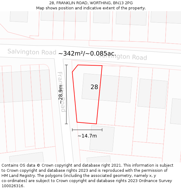 28, FRANKLIN ROAD, WORTHING, BN13 2PG: Plot and title map