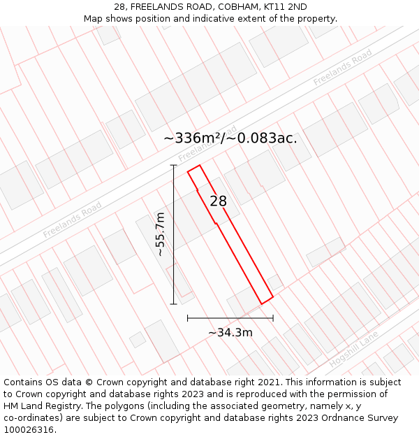 28, FREELANDS ROAD, COBHAM, KT11 2ND: Plot and title map