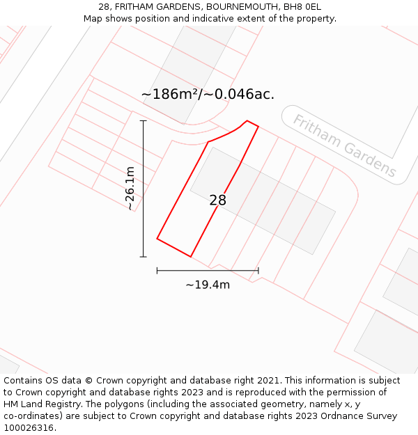 28, FRITHAM GARDENS, BOURNEMOUTH, BH8 0EL: Plot and title map
