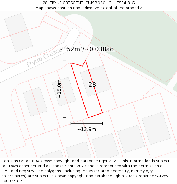 28, FRYUP CRESCENT, GUISBOROUGH, TS14 8LG: Plot and title map