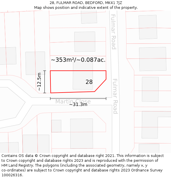 28, FULMAR ROAD, BEDFORD, MK41 7JZ: Plot and title map