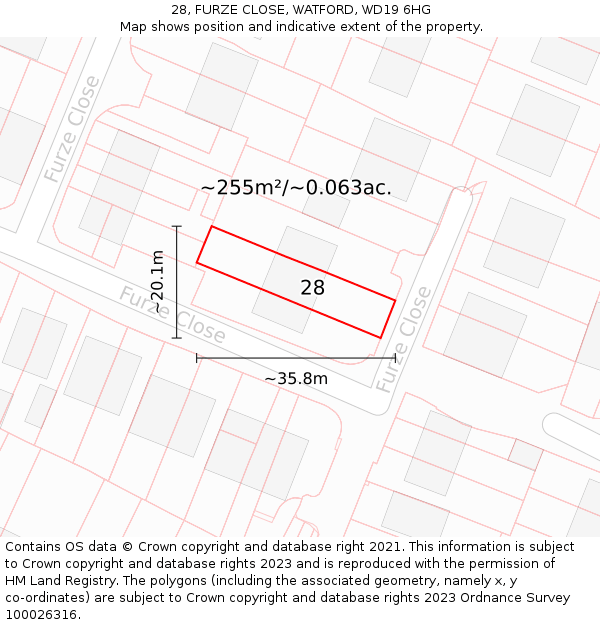 28, FURZE CLOSE, WATFORD, WD19 6HG: Plot and title map