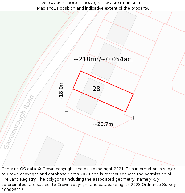 28, GAINSBOROUGH ROAD, STOWMARKET, IP14 1LH: Plot and title map