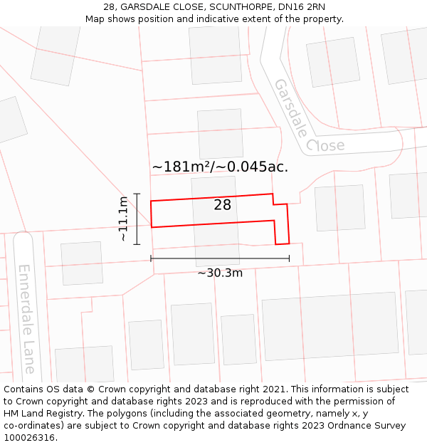 28, GARSDALE CLOSE, SCUNTHORPE, DN16 2RN: Plot and title map
