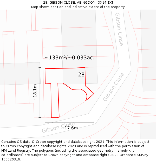 28, GIBSON CLOSE, ABINGDON, OX14 1XT: Plot and title map