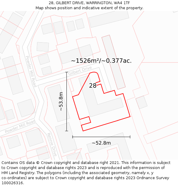 28, GILBERT DRIVE, WARRINGTON, WA4 1TF: Plot and title map