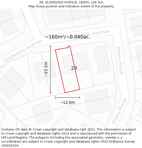 28, GLADEDALE AVENUE, LEEDS, LS8 3LA: Plot and title map