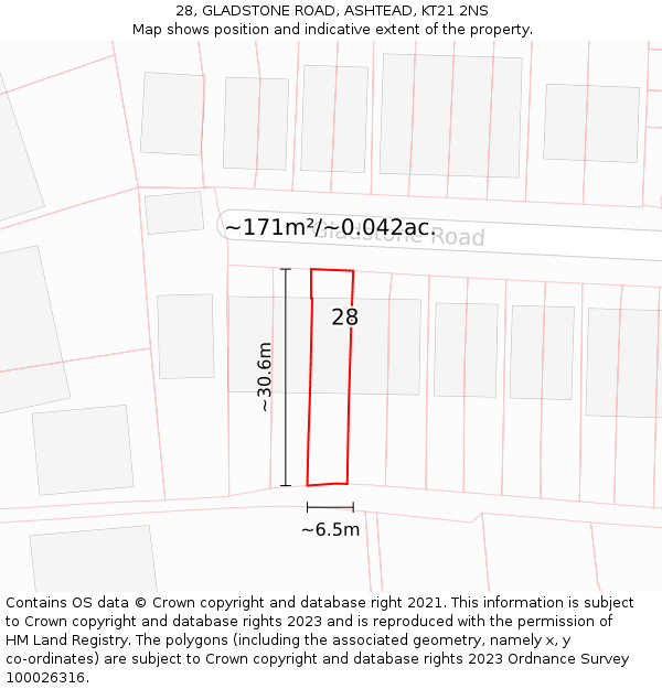 28, GLADSTONE ROAD, ASHTEAD, KT21 2NS: Plot and title map