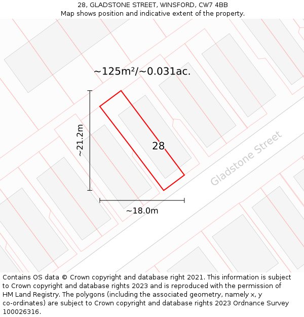 28, GLADSTONE STREET, WINSFORD, CW7 4BB: Plot and title map